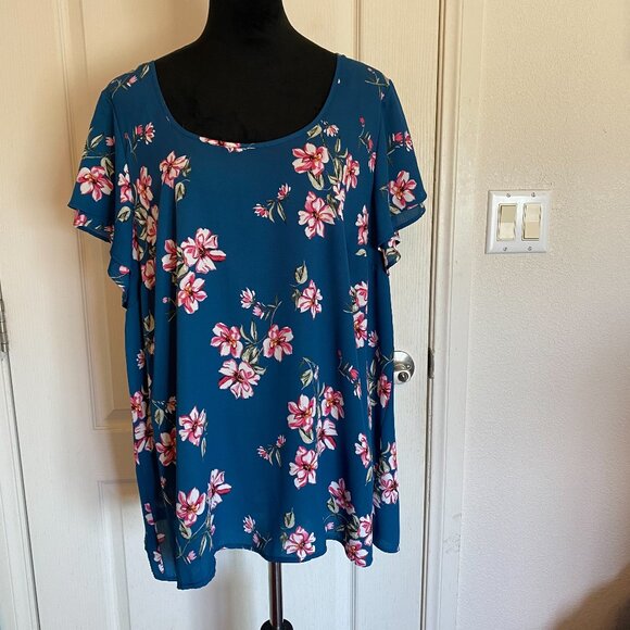 Torrid Teal Swing Blouse with Pink Floral - Picture 1 of 9